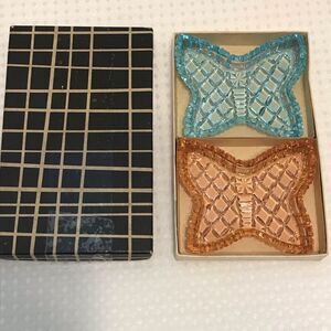 Vintage Bohemia Glass Butterfly Ashtray Trinket Holder Set of 2